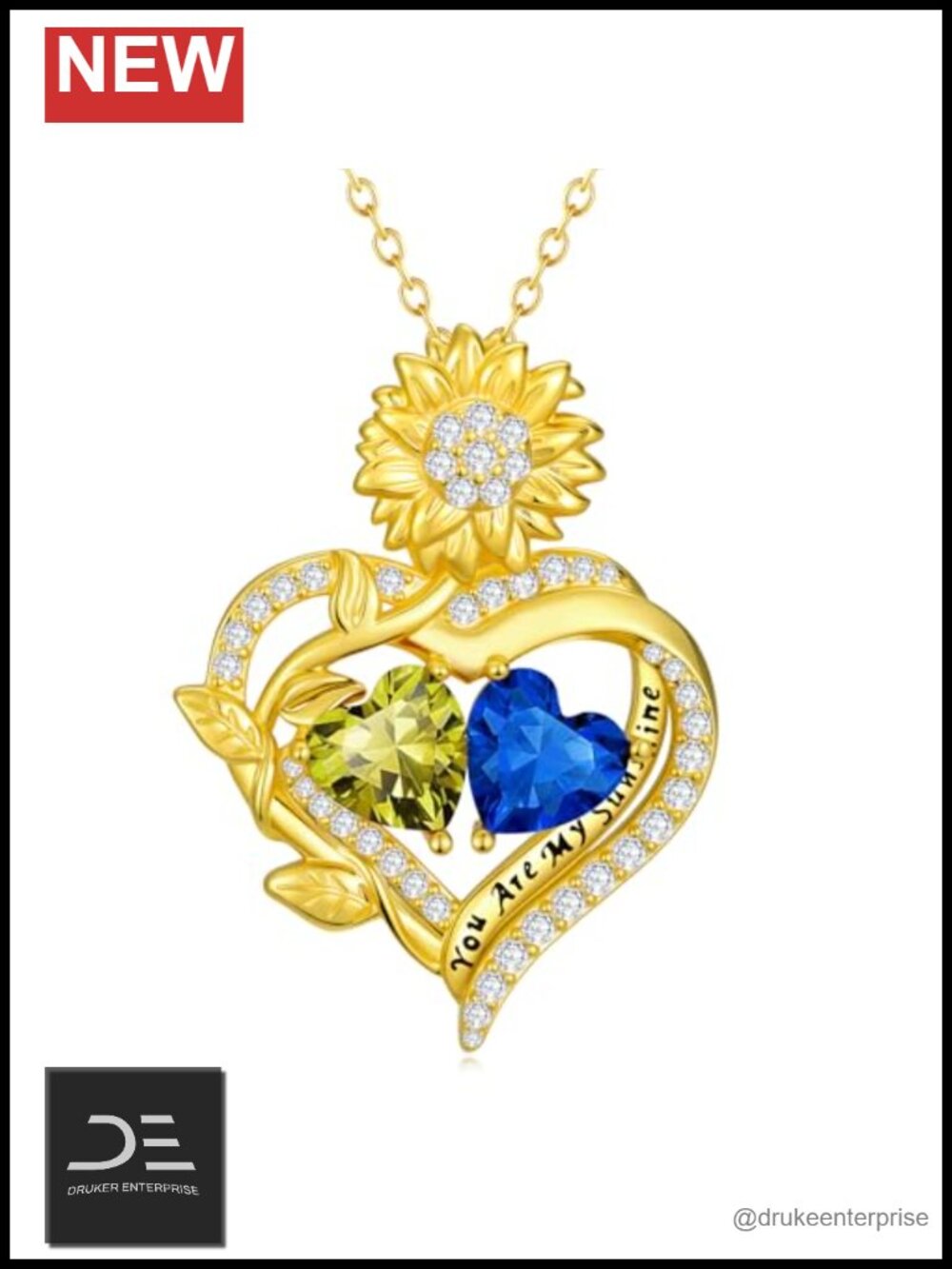 14K Gold Sunflower Necklace Heart Double Birthstone Pendant